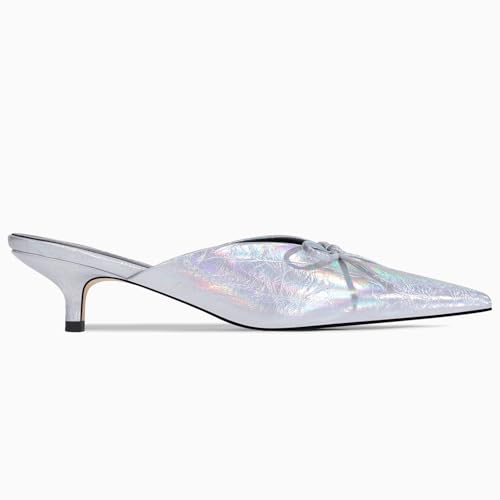 Image of Kitten Heels for Women Heeled Mules Stiletto Pumps Bow Closed Toe Pointed Toe Low Heel Slip on Fashion Metallic Backless Prom Party Dressy