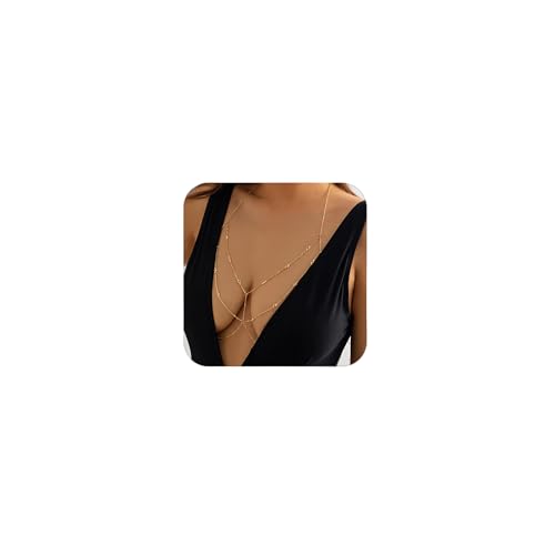 MODRSA Gold Body Chain Jewelry for Women Body Jewelry for Women Sexy Gold Bra Chains Rhinestone Bra Chain Lingerie Chest Bodychain Valentines Day Bestie Gift