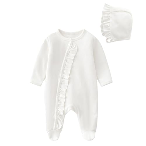 Babykoiベビー服長袖ロンパース春秋新生児足付き帽子付きカバーオール赤ちゃん女の子男の子出産準備贈り物無地ホワイト12M