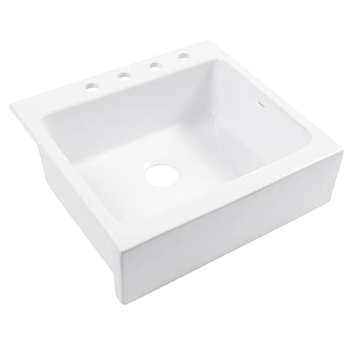 Parker Fireclay Quick-Fit Drop-In Farmhouse Kitchen Sink And Care Kit, 26" Crisp White Single Bowl With 4 Holes #TOP28