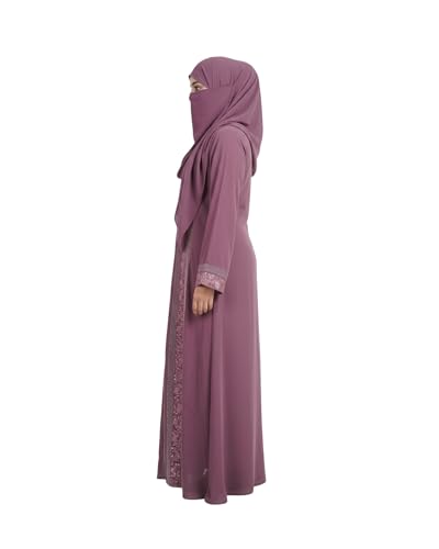 Image of Women's Elegant Embroidered Abaya - Modern Dusty Rose Kaftan Dress with Floral Lace Border - Modest Islamic Maxi Cardigan Robe for Eid, Weddings & Formal Occasions (Includes Matching Hijab)