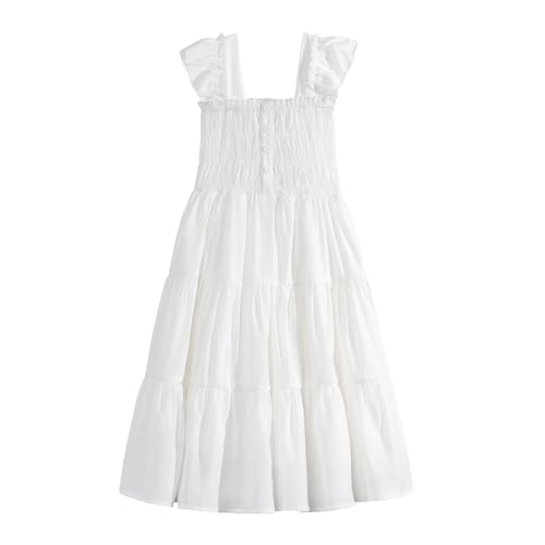 Rolanko Tween Girls Summer Dress Ruffle Sleeve Smocked A-Line Tiered Sundress for Kids with Pockets