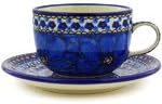 Polmedia Polish Pottery Cup with Saucer UNIKAT - Cobalt Poppies Pattern Handmade in Boleslawiec Poland by Ceramika Artystyczna + Certificate of Authenticity