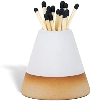 Decorative Ceramic Match Holder with Striker. for Kitchen, Fireplace & Bathroom. Cute Modern Matchstick Storage Jar for Lighting Candles & Burning Incense. Great Household Gift. White & Tan Conical