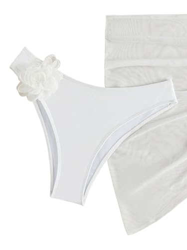 SOLY HUX Women's 3 Piece Swimsuit Floral Appliques Bandeau Bikini Sets Bathing Suit with Beach Skirt Solid White Medium-14