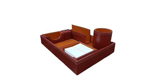 Image of LUVYANSH Genuine Leather Multipurpose Desk Organizer 6-in-1 Desktop Pen Stand With Business Card Holder Mobile Holder & Remote Stand for Office Desk Table Storage Organizer Box(Brown) Colour