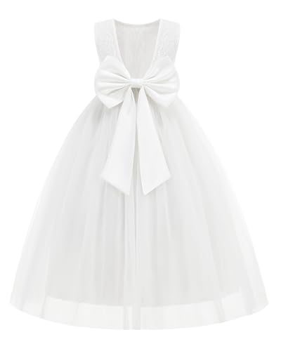Gedrimi Flower Girl Dress for Wedding First Communion V-Back Lace Tulle Formal Ball Gown with Big Bow White 4-5 Years