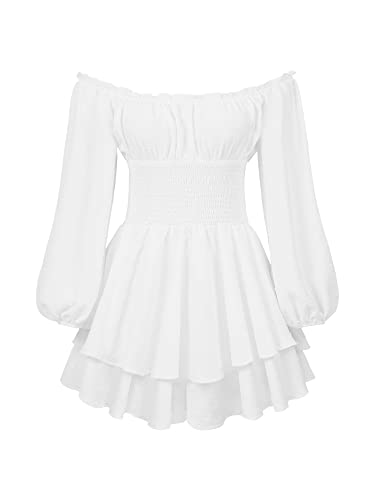 Acrawnni Damen Puffärmel Off Shoulder Shorts Romper Quadratischer Hals Geraffte A Line Flowy Swing Kleid Smocked Layered Piratenkostüm Damen...