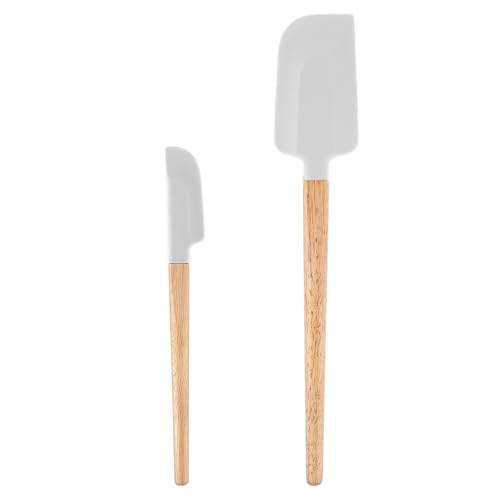 2pcs Wooden Handle Spatula Set White Silicone Spatula Spoon Food Grade Nonstick Rubber spatula Long Handle Jar Scraper Heat-Resistant Spoonula Kitchen Utensil for Cooking Baking Mix Frost Scrape Blend