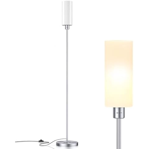 VEYFIY Floor Lamp for Living Room, Glass Lampshade Modern Standing Floor Lamp, 68 Inches Tall with E26 Socket for Office, Bedroom, Reading or Work - Silver with White Lampshade (Bulb Not Included) Cover