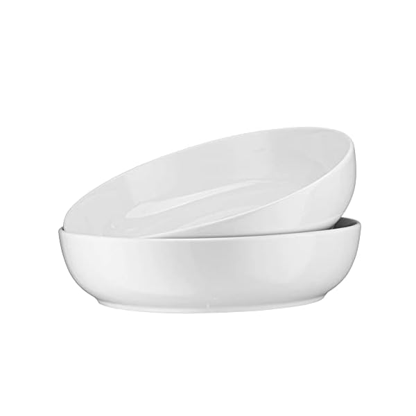 Kook Porcelain Serving Bowls, Wide & Shallow, Dishwasher & Microwave Safe, For Salads, Soups, Pastas and Party Snacks, 9.25 Inch, 72 Oz, White, Set of 2