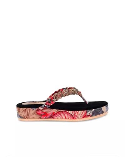 Image of ZAPATOZ Women's Floral Platform Sandals with Braided Gold Embellishment, Black Velvet Thong Slippers, Printed Sole Design