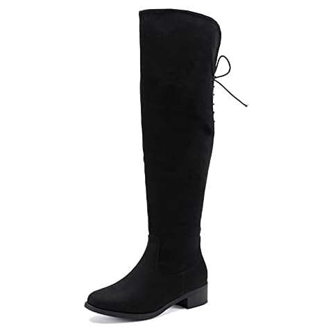 EETTARO Women’s Knee High Boots Ladies Classic Block Low Heel Flat Strap Zip Stretchy Riding Winter Shoes(Black Faux Suede, Numeric_5) Cover
