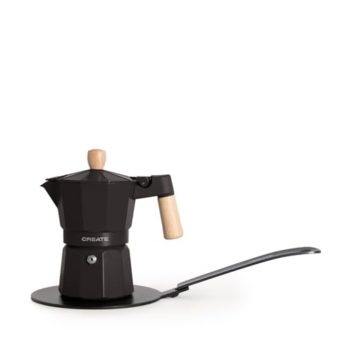 CREATE / THERA MOKA RETRO/Cafetera italiana con adaptador para inducción negro/Capacidad de 9 tazas, aluminio, 450 ml, válvula de seguridad, apta para gas, cocina eléctrica o vitro