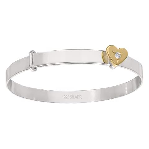 Personalised Sterling Silver Expander Bangle Bracelet for Babies - 925 Solid Silver Gold Heart (Pink Gift Box, Font Type 1) Cover