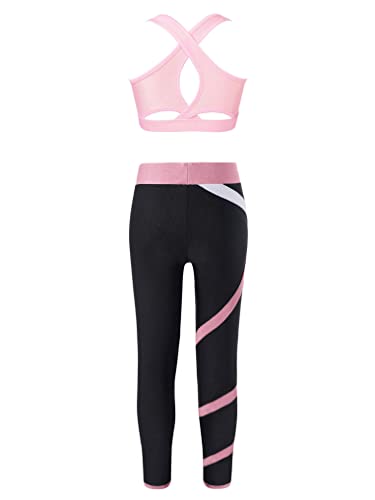 YEAHDOR Kids Girls 2 Pcs Sport Outfit Gymnastics Dance Athletic Outfits Sleeveless Crop Top with Leggings Set Dancewear Black Pink 12 Years2