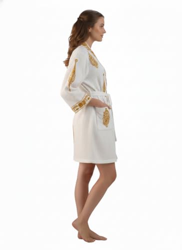 Image of Hand Block Print Cotton Waffle Fabric Short Bathrobe For Women's Ultra-Soft & Lightweight After Bath Spa Bathrobe Dress Women Bath Robe Dress | Highly Absorbent Mustard Yellow Printed