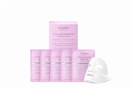 Evyra Beauty Collagen Biome Hydrogel Mask 5 Pack, 2-Piece Full Face Korean Mask, 28mL Each, Niacinamide 3%, Ferment Complex, Hyaluronic Acid, Collagen, Ceramide, Panthenol, Deep Hydration