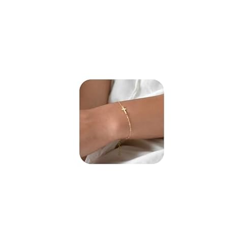 Tewiky Gold Bracelets for Women, 14k Gold Cross Bracelet Dainty Gold Bracelet Simple Cute Bracelets Tiny Faith Protection Cross Bracelets Charm Gold Jewelry Baptism Gifts for Women Cover