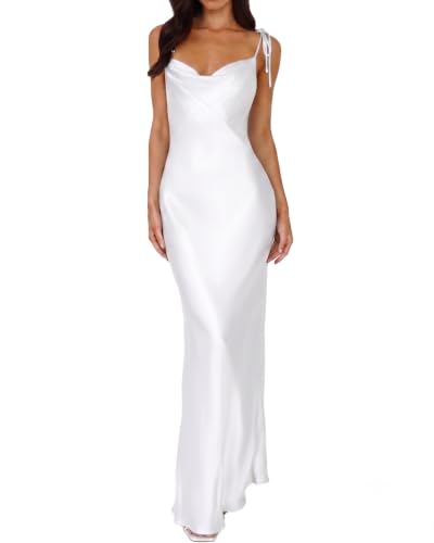 UEZOU 2026 Satin Cowl Neck Spaghetti Strap Maxi Dress for Women Bridesmaid