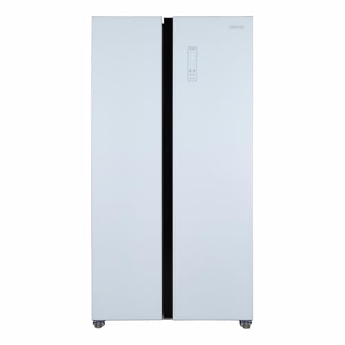 HEINNER HSBS-HM532NFGWHE – 532 L Side-by-Side Anti-Frost-Kühl-/Gefrierschrank, Inverter, LED-Touch-Display, Energieklasse E, weiße Glastüren, 5 Jahre Garantie
