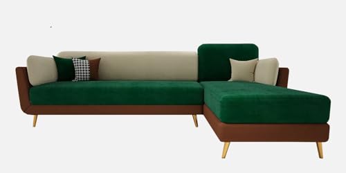 Image of Polyester Velvet Contemperory Sofa Set with Cushion Chaise Lounge, Sectional Sofa Perfect for Your Living Room,Guests Room & Office. (Green & Beige, 5 Seater)