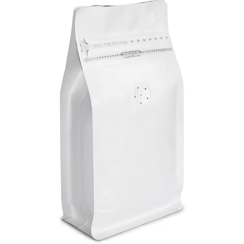 Demanca コーヒー袋 スタンド袋 アルミ箔 ジッパー再封可能 一方向エアバルブ付 ヒートシーラー対応 8面シール 茶/コーヒー豆/食品包装 防湿 防臭 50枚 ホワイト 125g?1ポンド 自家焙煎/カフェ向け (500g/1ポンド,ホワイト)