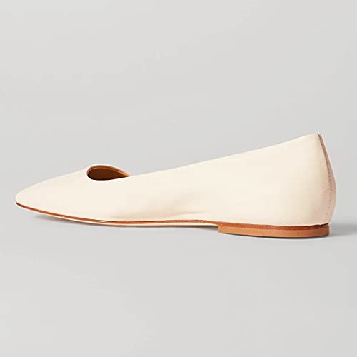 FOWT Women's Original Flower Pattern Soft Cream Leather Handmade Flats,Square Toe Flat Chunky Heel Pumps,Casual Solid Color Slip on Shoes for Driving Walking Traveling US Size 4-162