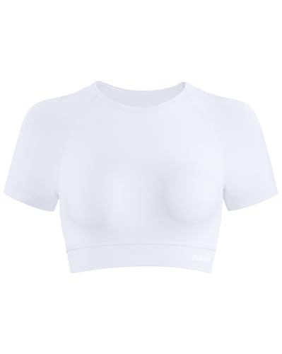 Image of AUROLA Influence Women Crop Top Short Sleeve Compression Workout T-Shirt | Raglan Short Sleeve Crop Top, High-Stretch Seamless Knit, Stay-Put Ribbed Underband, Soft Breathable Comfort