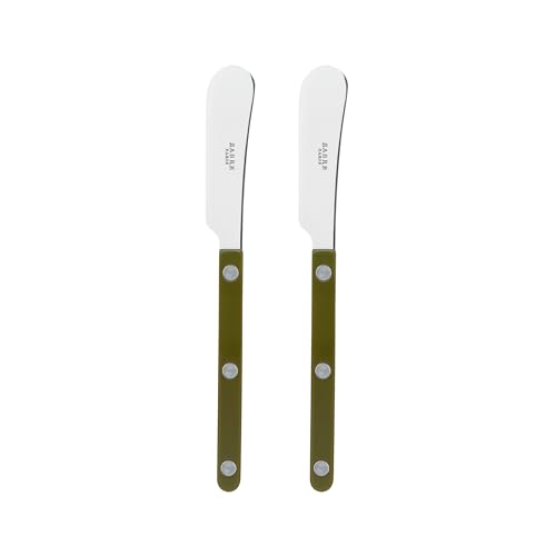 Sabre Paris - Set of 2 Spreader Knives 5.5 inches - Bistrot Collection - Perfect for Butter, Tapenades, Spreads - Stainless Steel & Nylon - Dishwasher Safe - Fern Green - Brilliant Finish