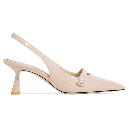 Image of Women Kitten Heels Slingback Low Heel Pumps Dress Shoes for Women Closed Pointed Toe Pearl Heels for Work Wedding Bridal