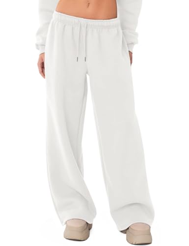 Ugerlov Wide Leg Sweatpants Women Baggy Fleece Sweat Pants Teen Girls Lounge Drawstring Trousers Low Rise Cute Streetwear Pants with Pockets White S