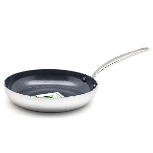 Greenpan Barcelona Evershine Tri-Ply Stainless Steel Healthy Diamond Reinforced Ceramic Non-Stick 28 cm Frying Pan Skillet, PFAS-Free, Multi Clad, Induction, Oven Safe, Silver