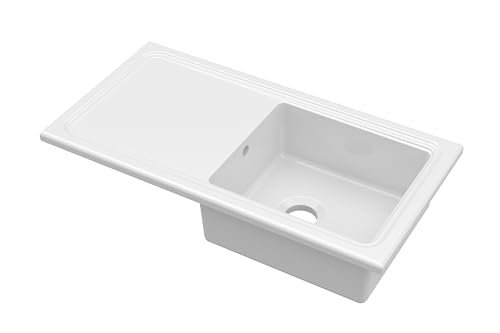 Balterley Ceramic Kitchen Sink with Drainer & Overflow Hole, 101cm Bowl Inset Fireclay White Kitchen Sink, Single Bowl Reversible Ceramic Sinks with Plain Drainer - 1010 x 525 x 235mm (White)