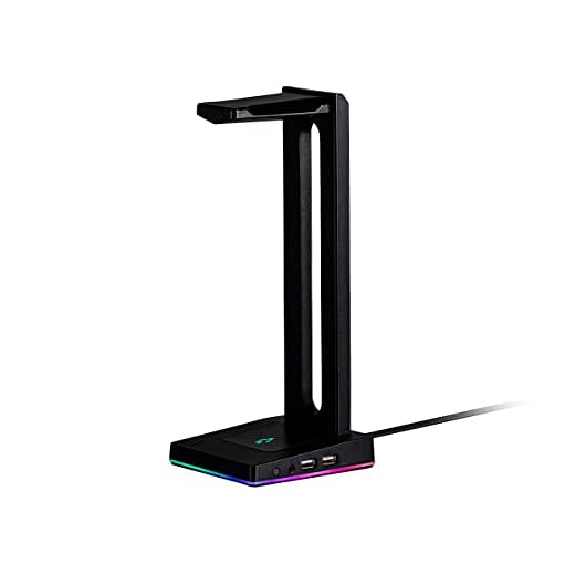 Monoprice Headset Stand - 2-Port USB Hub, 3.5mm Audio Jack, RGB Lighting, Headphone Holder for Gamers Gaming PC Accessories Desk - Dark Matter Series