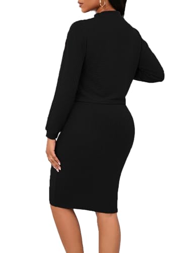 Image of Women's Fall 2 Piece Sweater Set Rib Knit Long Sleeve Bodycon Midi Skirt Casual Winter Outfits