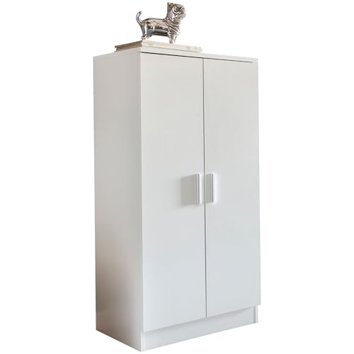 Zapatero con 2 puertas, color blanco, 55 x 108 x 35 cm, zapatero de madera cerrada, armario estrecho de diseño, armario de pasillo alto, zapatero