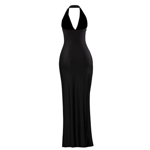 Image of Women's Fashionable and Sexy deep V-Neck Hanging Backless Temperament Split Buttocks Wrapped Dress
