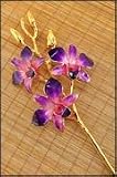 Flower Themed Jewelry, Gold Trimmed Dendrobium Orchid 3 Blossom Stem - Purple/Pink