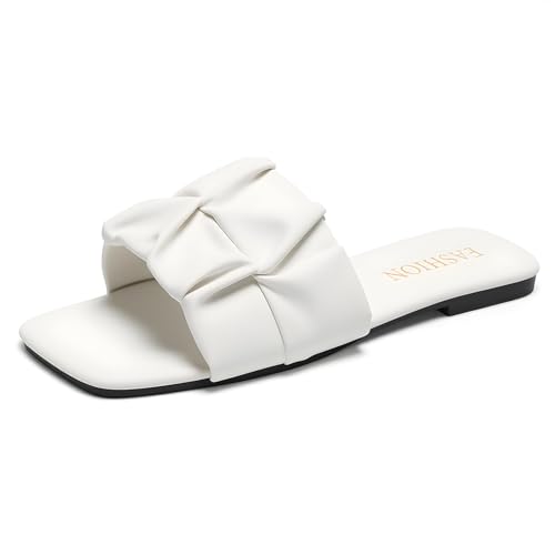 Image of Women's Pleated Square Toe Slide Sandals, Trendy Wedding & Summer Flat Sandals