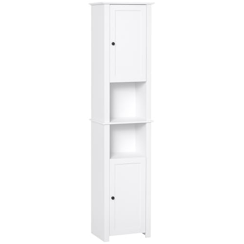HOMCOM Tall Bathroom Storage Cabinet, Freestanding Linen Tower with 2-Tier Shelf and 2 Cupboards, Narrow Side Floor Organizer, White