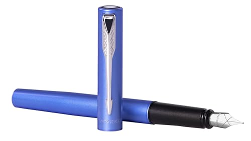 Parker Vector XL Füllfederhalter, metallic blau lackiert auf Messing, feine Spitze mit schwarzer Tinte, Prestige Box