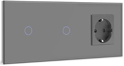 BSEED Touch Lichtschalter mit Steckdosen doppelte 1 Fach 1 Weg Wandschalter mit einer Steckdose Unterputz Touchscreen-schalter mit Glasrahmen 228mm Grau