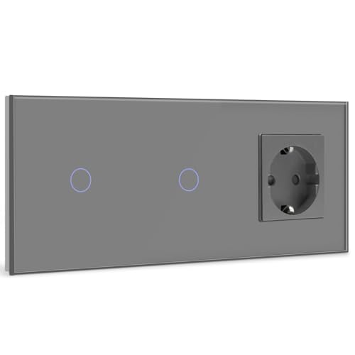 BSEED Touch Lichtschalter mit Steckdosen doppelte 1 Fach 1 Weg Wandschalter mit einer Steckdose Unterputz Touchscreen-schalter mit Glasrahmen 228mm Grau