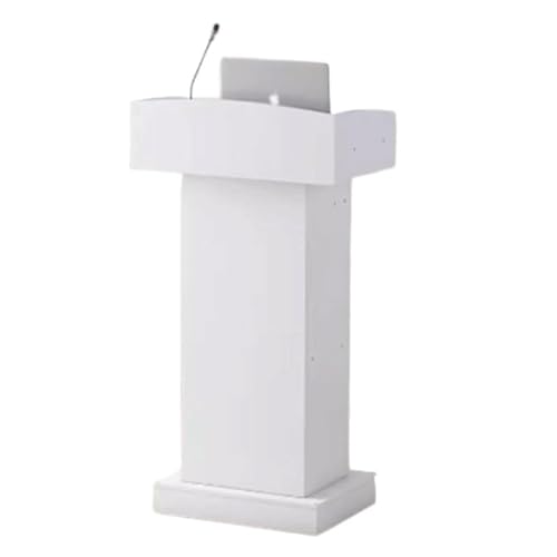 Lekki biały drewniany stojak na podium z przestronnym napisem Der & Open Sto – idealna mównica do prezentacji konferencyjnych i laptopów