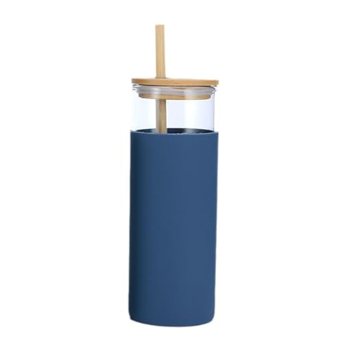 Soulnioi Glass Tumbler with Bamboo Lid and Straw, 600ml Glass Water Bottle with Silicone Protective Sleeve, for Iced Coffee Cup,Boba Tea Cup Glass Travel Cup (Blue)
