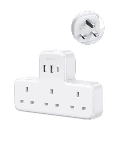 UGREEN 6-in-1 Surge Protector Power Strip with 3 AC Outlets & 3 USB Ports | PD30W (2C1A), charge multiple devices at once,multi-protection, GAN, triple UK plug extender for Kitchen, Travel, Office