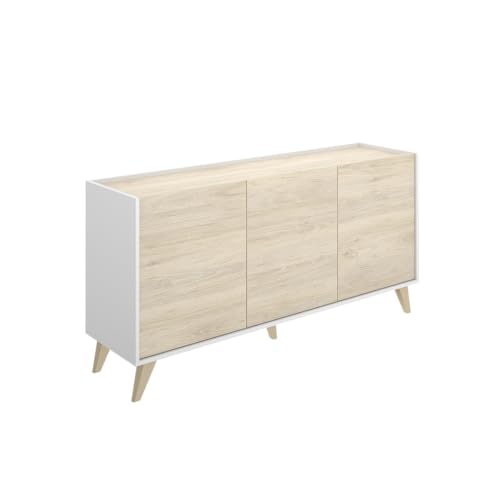 DEKIT GRUPO RIMOBEL NESS - APARADOR DE 3 PUERTAS CON PATAS ESTILO NORDICAS - 75x155x43 cm - BLANCO / NATURAL