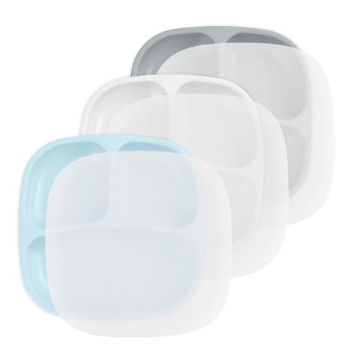 Image of Re-Play Toddler Plates with Dividers - Deep-Walled 3 Compartments Divided Plates for Kids with 3 Lids - Dishwasher & Microwave Safe - Made in USA - Set of 3-7.37" x 7.37" x 1.25" - Glacier