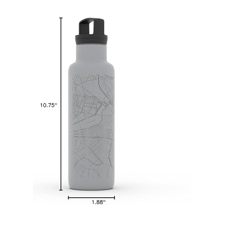 Well Told Engraved Boston Massachusetts Map Insulated Water Bottle, Etched Stainless Steel Bottle (21 oz, Dockside Gray) City Map Insulated Bottle, Custom Insulated Water Bottle, Outdoor Drinkware